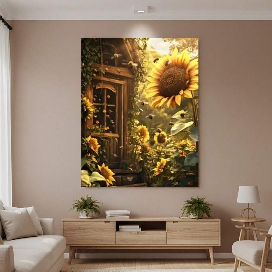 Framed 1pc Framed Canvas  - Rustic Farmhouse Floral Wall Art With Bees & Sunflowers, Realistic Botanical Print In En-Hued Background, Country Living Room, Kitchen, Office Decor - Ready-To-Hang Wrapped Canvas Framed Poster ( / ) - Perfect Housewarming Gift, Kitchen Decoration, Traditional Artwork, Detai Artwork, Home Decorators, 2D Flat, Perfect For Room Decor - Framed - View 1