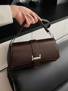 时尚百搭的纯色女士单肩包，采用PU面料制成，时尚简约，顶部提手设计，休闲轻便的通勤包，适合日常办公，时尚防水方形户外旅行收纳购物斜挎包，新款时尚大容量女士包。 - 咖啡 - 查看 5