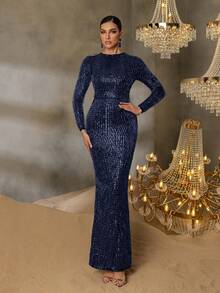 Faeriesty 优雅长袖礼服，亮片面料，修身剪裁，完美适用于节日派对、新年夜、盛大晚会等场合。 - 藏蓝色 - 查看 7