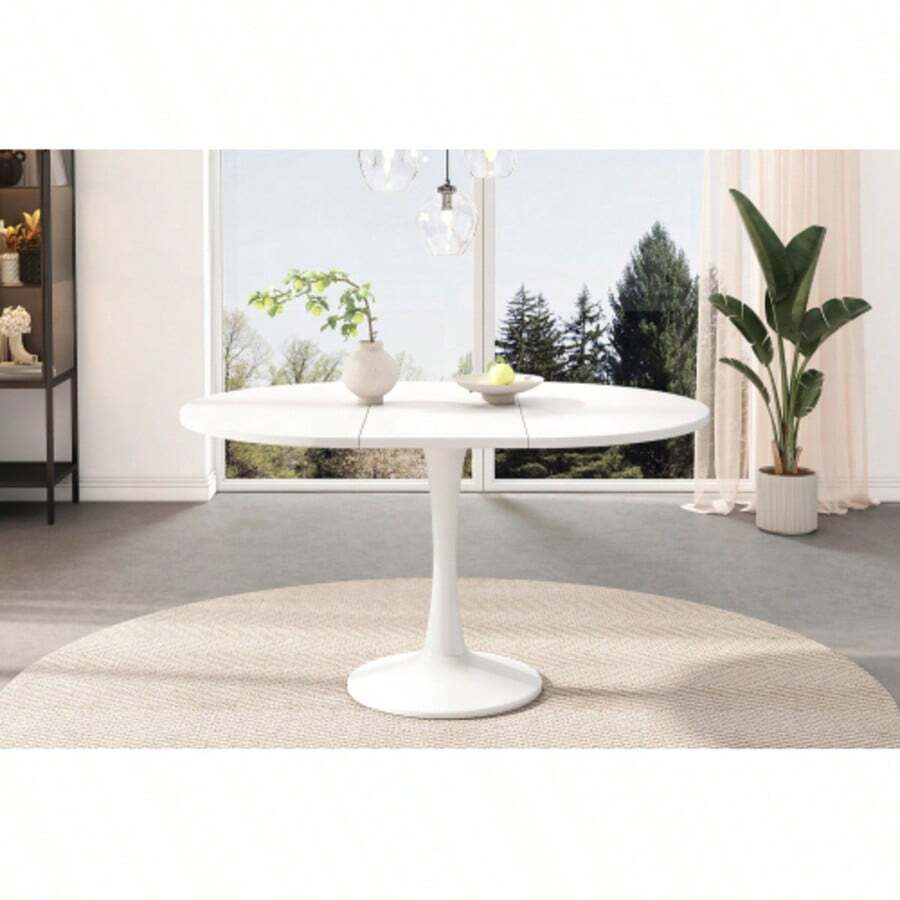 Extendable Dining Table, Oval Dining Table, Coffee/Leisure Table, Length 100/140 X Width 100 X Height 75 Cm, Modern Simple Dining Table, White [OLD SKU:N634P18391921W] - White - View 1