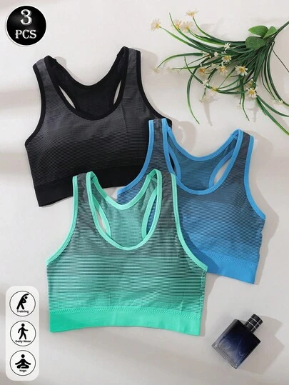 3件装女士薄款运动文胸，可拆卸胸垫，宽肩带，背部塑形设计，无缝减震运动文胸，适合户外跑步、健身和瑜伽