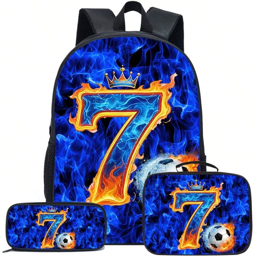 3PCS Boys Backpack Kid 16.5-Inch School Bookbag With Handbag And Pencil Case For Primary Elementary High School University - Football Number Seven - View 1
