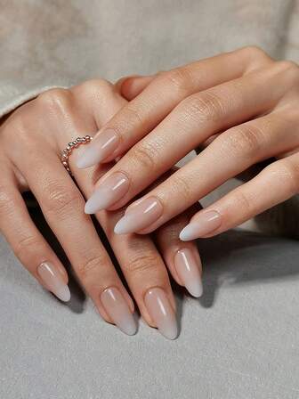 Mors dag, vardagskläder, 30 st långa spetsiga nude ombre vita lösnaglar, levereras med 1 nagelfil och 1 flaska gelégel lösnaglar, manikyrtillbehör