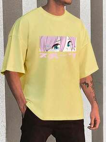 Y2K Anime Eye Print Oversized T-Shirt, Loose Fit, Premium Soft Fabric, Summer/Spring - Kuning - View 1