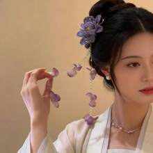 Fashionable Purple Flower & Tassel Hair Clip – The Perfect Resort & Travel Hair Accessory - 紫色 - 查看 3