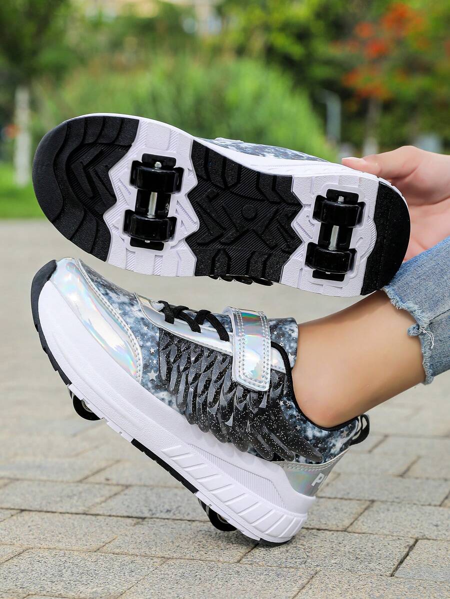 1双街头风翅膀可拆卸伸缩四轮轮滑鞋，适合青少年，男女通用，PU系带直排轮滑鞋 - 黑與白 - 查看 1