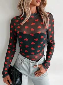 Acelitt Women's Black Sheer Mesh Heart Print Turtleneck Fitted Long Sleeve Top, Spring - Multicolor - View 4