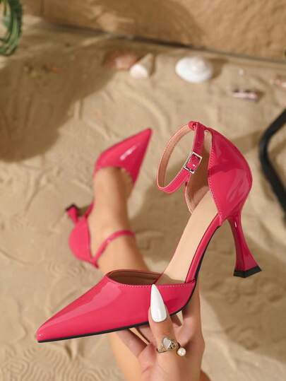 9cm Tacones de aguja con correa ajustable y hebilla, elegantes tacones altos de material PU con efecto espejo en color rosa/burdeos, versátiles para uso diario, fiesta, cita, reuniones festivas y banquetes