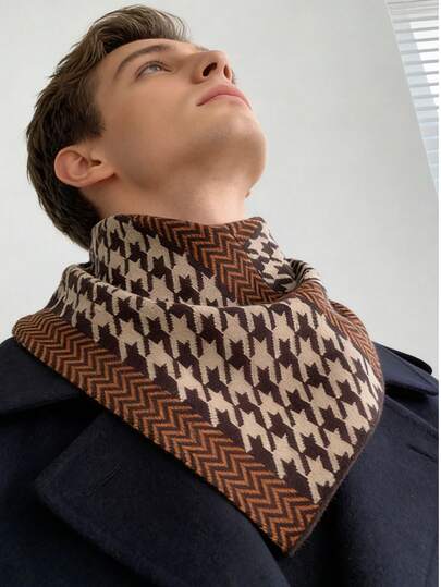 [Otoño/Invierno Retro de Alta Gama] Bufanda de punto de espiguilla con parches de estilo houndstooth al estilo europeo y americano, abrigadora y gruesa para el cuello, mismo estilo que los fashion bloggers, bufanda triangular de estilo callejero británico, accesorio de invierno de INS, cómoda y suave, a prueba de frío, mejor opción de regalo para el Día de San Valentín