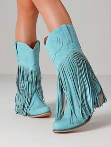 Vintage Fringe Tassel Western Cowgirl Boots For Women Pointed Toe Block Chunky Heels Slip-On Comfy Festival Riding Retro Mid Calf Cowboy Boots Woman - Màu xanh bạc hà - Xem 3