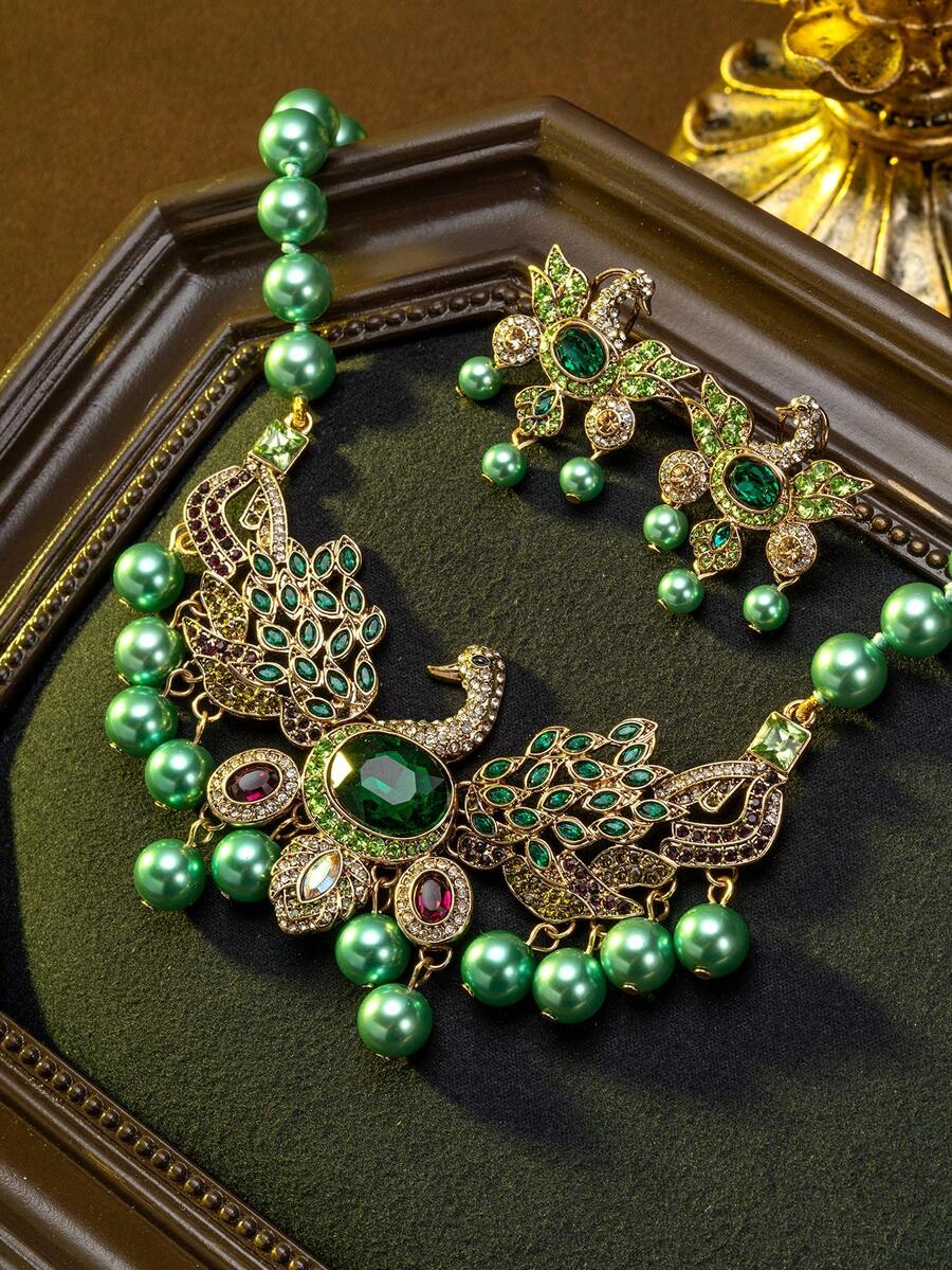 Vintage-Inspired Peacock Feather Design Necklace & Earrings Set With Green Gemstone And Faux Pearl, Luxurious And Elegant Jewelry Suitable For Important Occasions, Parties, Weddings, Gifts For Valentine's Day And Mother's Day - Multicolor - View 1