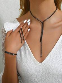 1 Set Perhiasan Pesta Mewah dengan Rumbai Zirkonia: Anting-anting + Kalung + Gelang - Hitam - View 3