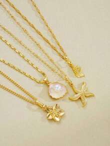 4pcs/Set Starfish, Shell & Flower Pendant Necklace Set, Suitable For Women's Daily And Beach Vacation Wear, Gift