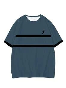 Men's Casual Street Style Sports Set - "Striped Plaid Lightning" Pattern Design, Polyester Knit Fabric, Round Neck, Drawstring Shorts, Pockets, Regular Fit, Plus Size - Multicolor - View 3