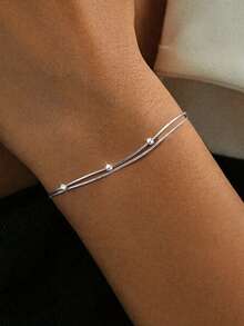 1pc S925 Sterling Silver Minimalist Small Bead Double Layer Bracelet, Versatile Daily Wear Jewelry, Elegant Gift For Women
