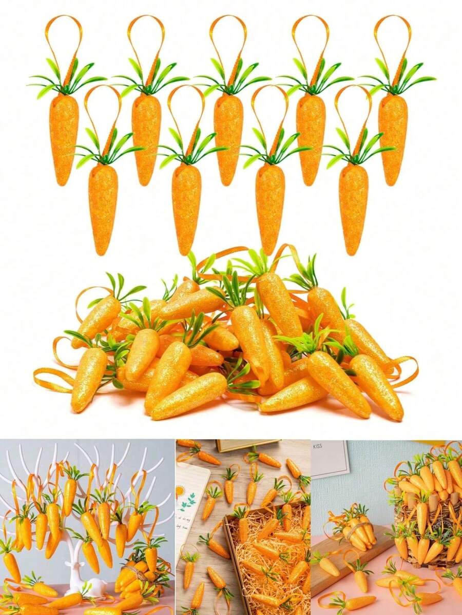12个复活节胡萝卜装饰吊坠，高品质泡沫闪光人造胡萝卜，适合复活节悬挂装饰、复活节家居装饰、复活节房间装饰，完美的复活节饰品 - 彩色 - 查看 1