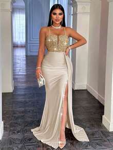 CHOSMO Plus Size Women's Shiny Bandage Elegant Party Dress, Gold Mature Romantic Minimalist Sequin Backless Sequin Splice Ribbon Beach Evening Date Wedding Party Birthday Anniversary Graduation Party Family Holiday Date Cocktail Gift Music Festival Formal Gala Wedding Guest Graduation Prom Single Party Travel Stage And Concert Dress, Valentine's Day - Gold - View 8