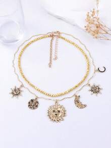 1件复古设计合金CCB日月吊坠双层项链，女士款 - 誇張太陽項鍊 - 查看 6