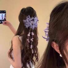 Fashionable Purple Flower & Tassel Hair Clip – The Perfect Resort & Travel Hair Accessory - 紫色 - 查看 2