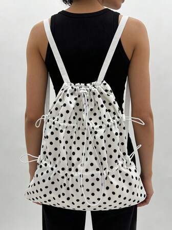 2026 Ny moderiktig silverfärgad ryggsäck med dragsko, lätt damryggsäck med stor kapacitet, prickig dragskoväska, lämplig för fritid, sport, shopping