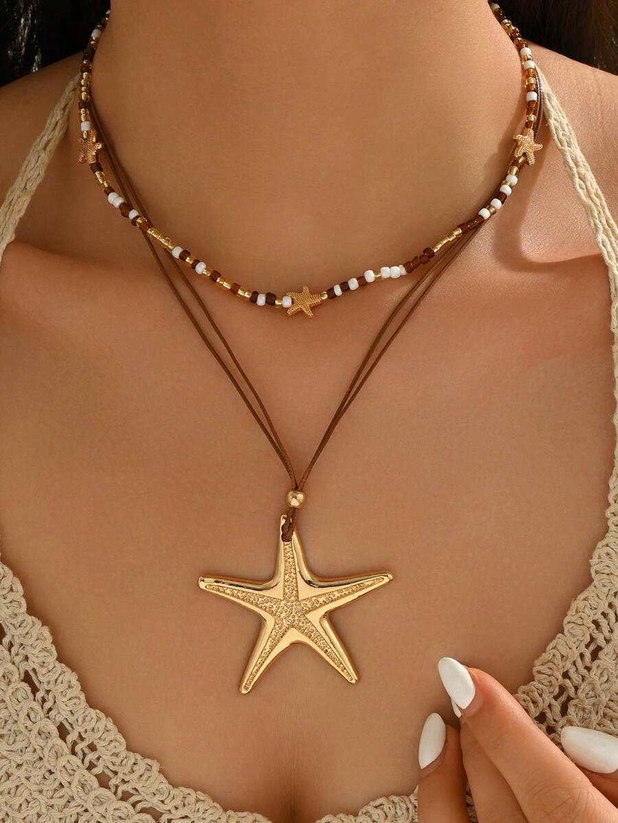 2 Pieces Set Handmade Beaded Bohemian Style Necklace With Large Starfish Pendant, Fashion All-Match Choker Suitable For Daily Wear, Travel, And Party - Gold - View 1