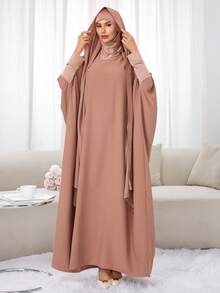 1件套头巾围巾及连帽长袍套装，穆斯林针织长袍，带头巾，女士祈祷吉尔巴布长袍，迪拜沙特阿拉伯土耳其伊斯兰风格端庄头巾