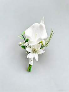 1支/6支装人造PU马蹄莲新郎胸花男士兄弟腕花毕业别针西装婚礼鲜花派对装饰 - 白色 - 查看 7