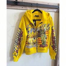 Hip Hop Y2K Streetwear American Vintage Alphabet Hooded Cardigan Printed Loose Sports Harajuku Sweater Jacket - 黃色 - 查看 4