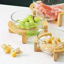 1pc Glass Fruit/Salad Bowl With Bamboo Base, Suitable For Home, Restaurant, Buffet - Clear - View 7