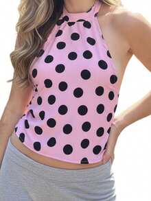 Womens Summer Halter Neck Tops Dot Print Sleeveless Backless Slim Fit Vest for Daily Wear and Party - Rosa - Ver 5