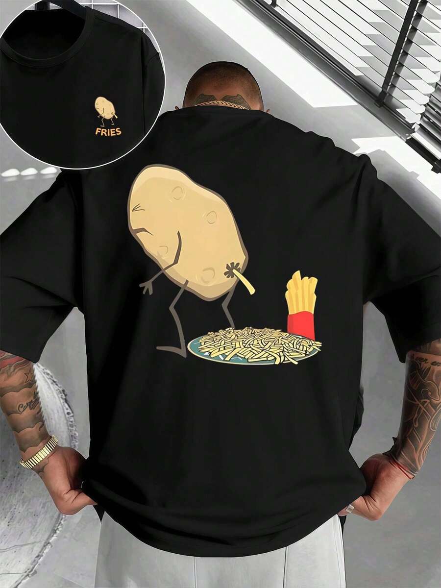 Divertente maglietta con motivo di patatine fritte, realizzata in morbido cotone, casual, comoda, resistente, con design grafico, appena uscita, stampata su entrambi i lati. - nero - Visualizzare 1