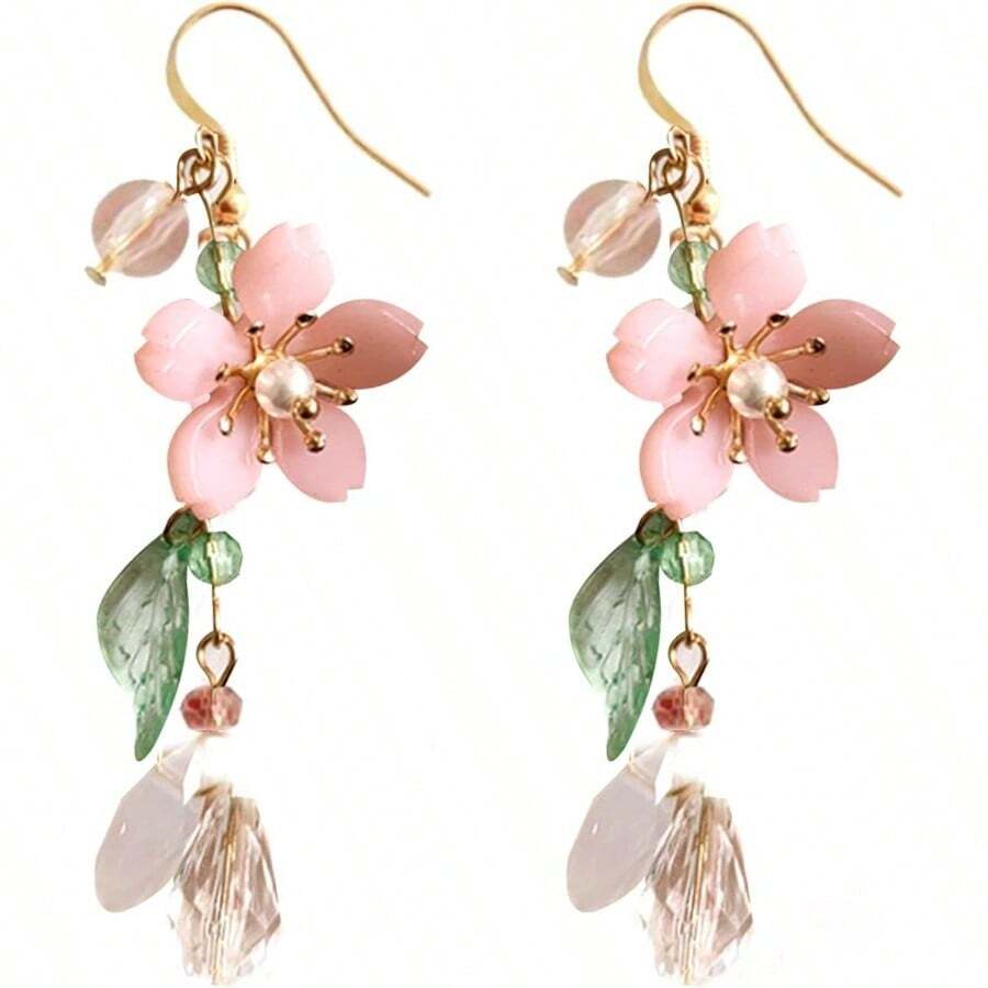 Pink Flower Dangle Earrings Women Cute Asymmetry Flower Earrings Fairy Statement Summer Refreshing Seaside Idyllic Holiday Earrings - style4 - 查看 1