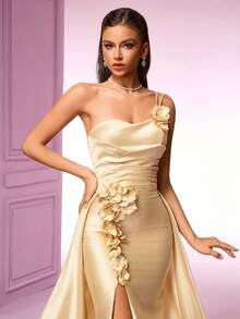 VIPGIRL 黄色 3D 立体花朵贴花高开衩单肩正式晚礼服，优雅派对礼服，女士正式舞会礼服，正式晚礼服，派对礼服 - 黃色 - 查看 1