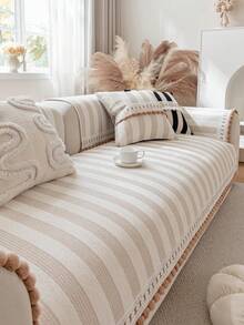 1pc Tasseled Chenille English Style Sofa Cover, Non-Slip Pet-Friendly Dirt-Resistant , Suitable For All Seasons Machine Washable, Holiday Decor Home Furnishing Sofa Arm Back Cover For 1/2/3/4 Seater L-Shaped Sofa, Autumn Decor, Room Decor, Back To School, School Supplies - Beige - View 6