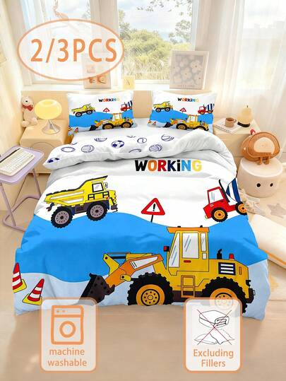 Juego de ropa de cama de 2/3 piezas con vehículos de construcción de dibujos animados, 100% poliéster (1 funda nórdica reversible + 2 fundas de almohada de una sola cara), estampado en 3D de patrones de dibujos animados, adecuado para decorar el dormitorio de los niños, la sala de siesta del jardín de infantes o la habitación de los niños, también se puede usar como regalo de cumpleaños o festivo. Tamaño: 90*200/135*200/140*210cm. Incluye 1 funda de almohada (sin relleno de almohada).