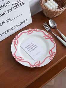 1pc Ceramic Plate With Butterfly Ribbon Decor, Elegant Pink Butterfly Salad/Dessert Plate, Suitable For Home Dining, Restaurant Dessert Display, Gift, Holiday Decoration