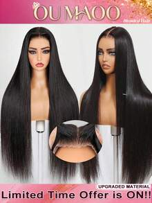 黑色直发混纺真人发假发，女士款 - 13x4 预剪蕾丝前假发，无需粘合剂，200% 密度，漂白发结，隐形贴合，宛如真皮，日常佩戴舒适自然 - 自然色&黑色系 - 查看 1