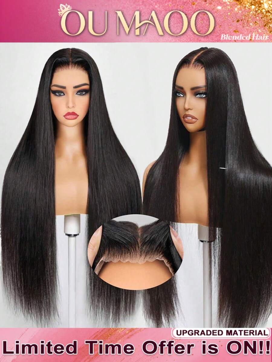 黑色直发混纺真人发假发，女士款 - 13x4 预剪蕾丝前假发，无需粘合剂，200% 密度，漂白发结，隐形贴合，宛如真皮，日常佩戴舒适自然 - 自然色&黑色系 - 查看 1