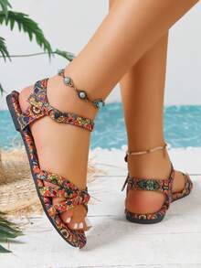 Sandal đế bằng kiểu dáng Bohemian màu trơn mới năm 2025, khóa cài sau lưng, kiểu dáng đơn giản, thời trang, thích hợp đi biển, sandal La Mã quai chéo mùa hè cho nữ. - Nhiều màu - Xem 4