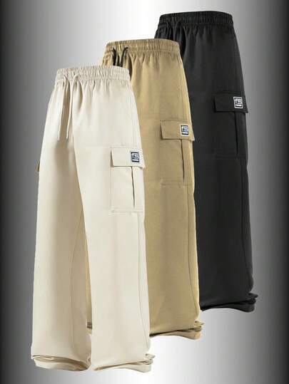 Men's Fashion Cargo Pants, Straight Leg, Elastic Waist, Loose Fit, Solid Color, Single Side Embroidered Logo, Long Pants