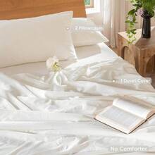 Duvet Cover Set Solid  Washed Cotton Home Bedding Collection 3 Pieces Includes 1 Comforter Cover 2 Pillow Shams Soft Classic Simple Queen Size - SolidOffWhiteNoComfo - View 2