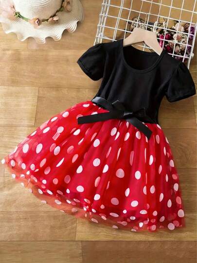 Young Girl Summer Polka Dot Print Short Sleeve Princess Dress