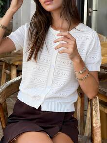 GIGOGOU Dam Andningsbar Stickad Kofta T-shirt, Modern Kortärmad T-shirt, Vår/Sommar Vit - Vitt - Visa 4