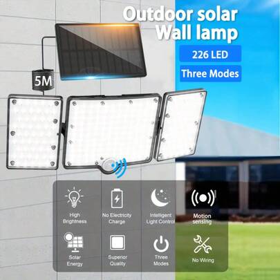 226 lamp solarnych LED naściennych z czujnikiem ruchu, 3 tryby i pilotem, kabel 5 m, 3 regulowane reflektory solarne, szeroki kąt oświetlenia 270°, wodoodporność IP65, do ogrodu, garażu, na werandę i patio