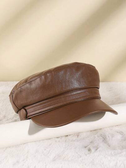 1pc Spring/Autumn Women's Hat, Korean Fashion Leather Flat Top Newsboy Cap, Stylish Beret Painter Military Hat