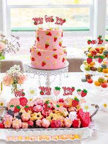 12支/24支装心形纸杯蛋糕装饰棒，带闪亮亮片，满月派对草莓纸杯蛋糕装饰插牌，浆果心形纸杯蛋糕装饰，适合生日派对用品、主题派对、节日派对装饰 - 彩色 - 查看 2