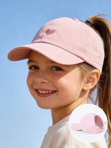 1 chiếc mũ lưỡi trai trẻ em 3-8 tuổi thêu hình trái tim, phù hợp để buộc tóc đuôi ngựa, mũ chống nắng dễ thương, kiểu dáng thường ngày cho mùa xuân/hè. - Yêu - Xem 10