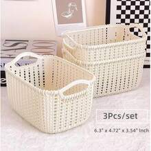 Bộ 3 giỏ đựng đồ bằng nhựa đan lát có tay cầm, màu be, kích thước 6.3"X4.72"X3.54", hộp đựng đồ nhỏ bằng nhựa, thích hợp để trên bàn làm việc, trong tủ quần áo, đựng phụ kiện, đồ ăn nhẹ, phòng tắm và nhà cửa - Hộp đựng đa năng cho văn phòng tại nhà, kệ tủ quần áo, tủ đựng đồ nhà bếp và tất cả các vật dụng cần thiết trong phòng ngủ. - Màu be - Xem 12
