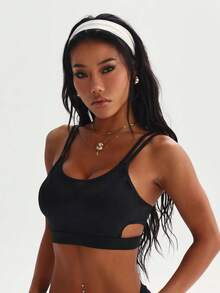 女士时尚黑色圆领交叉网眼拼接运动文胸 - 黑色 - 查看 6