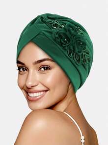 1pc Women's Sequin 3D Flower Printed Style Turban Hat, Suitable For Daily Use Hair Sleep Cap - Multicolor - View 20